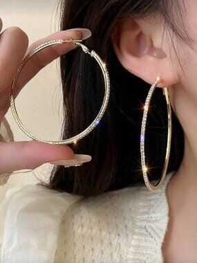 Gold Rhinestone Hoop Earrings Large Statement Hoop